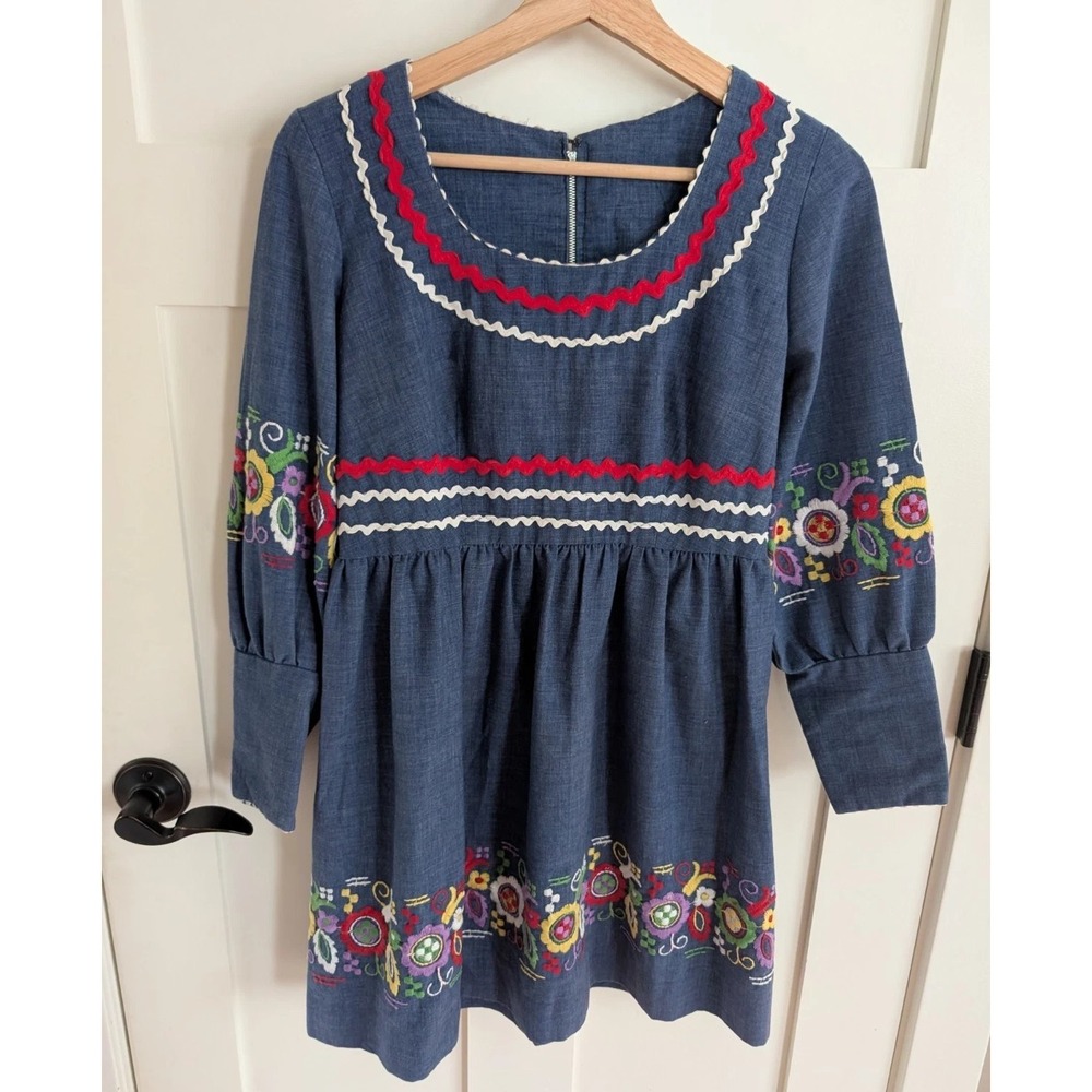 Vintage 70s Mini Prairie Dress Blue Lace Jr S XS Cottagecore Floral Embroidered
